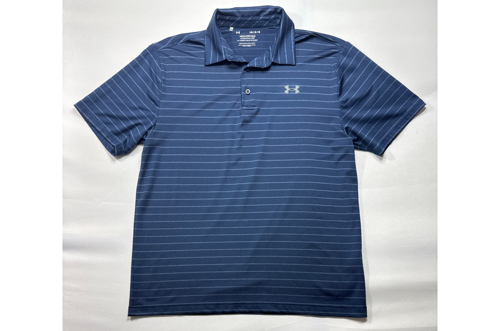 Under Armour Men's Loose Fit The Playoff Polo Navy Blue Striped Shirt - Size L